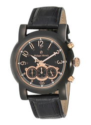 Philippe Moraly of Switzerland Analog Watch for Men with Leather Band. Water Resistant and Chronograph. LC1111BRBB. Black