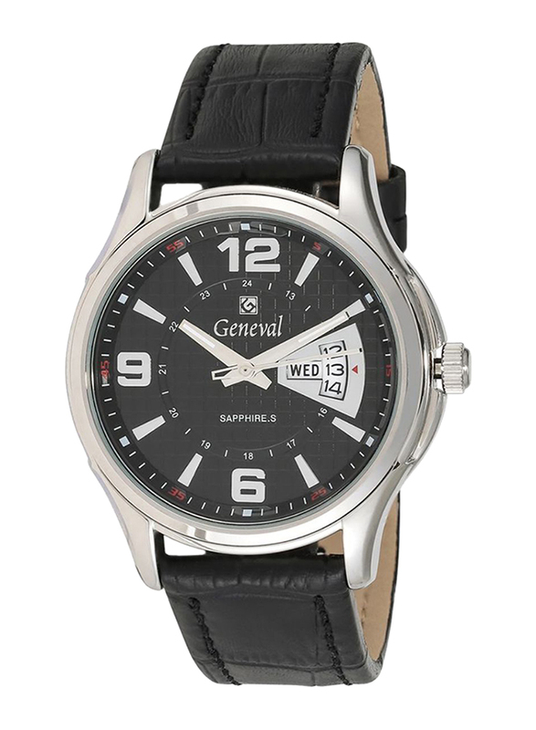 Geneval of Switzerland Analog Watch for Men with Leather Band. Water Resistant. GL143WBB. Black-Black/Silver