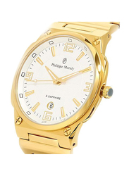 Philippe Moraly of Switzerland Analog Watch for Men with Stainless Steel Band. Water Resistant. M1325GW. Gold-White