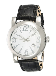 Philippe Moraly of Switzerland Analog Watch for Men with Leather Band. Water Resistant and Date Display. L0723WWB. Black-White