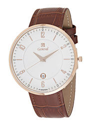 Geneval of Switzerland Analog Watch for Men with Leather Band. Water Resistant. GL1713RWO. Brown-Rose Gold/White