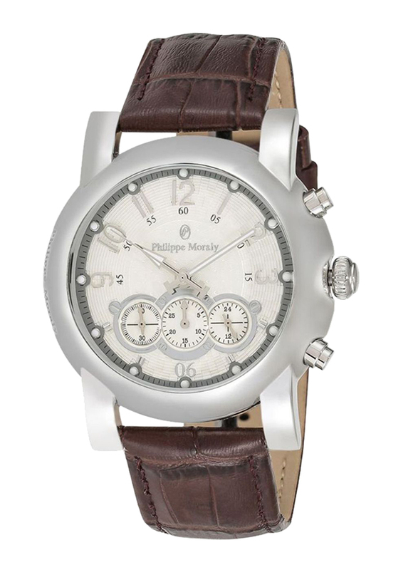 Philippe Moraly of Switzerland Analog Watch for Men with Leather Band. Water Resistant and Chronograph. LC1111WWO. Brown-White