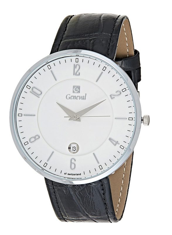 Geneval of Switzerland Analog Watch for Men with Leather Band. Water Resistant. GL1713WWB. Black-Silver/White