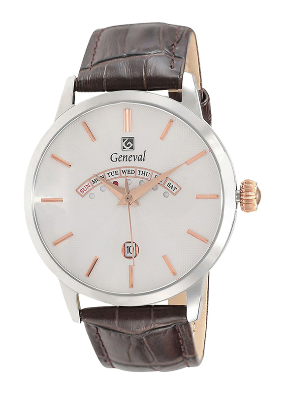 Geneval of Switzerland Analog Watch for Men with Leather Band. Water Resistant and Day Date Display. GL1511CRWO. Brown-Rose Gold/White
