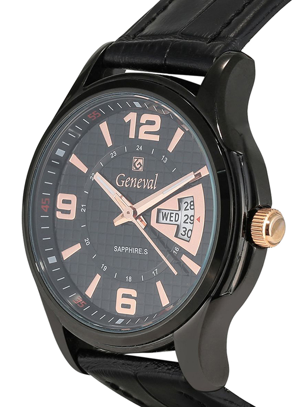 Geneval of Switzerland Analog Watch for Men with Leather Band. Water Resistant. GL143BRBB. Black