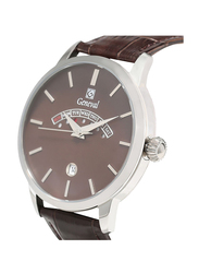 Geneval of Switzerland Analog Watch for Men with Leather Band. Water Resistant and Day Date Display. GL1511WOO. Brown