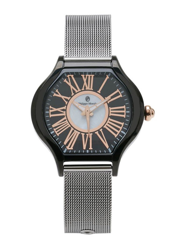 Philippe Moraly of Switzerland Analog Watch for Women with Stainless Steel Band. Water Resistant. M1612CRB. Grey-White/Black