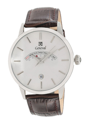 Geneval of Switzerland Analog Watch for Men with Leather Band. Water Resistant and Day Date Display. GL1511WWO. Brown-White/Silver