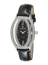 Geneval of Switzerland Analog Watch for Women with Leather Band. Water Resistant. GLS146WBB. Black-Black/Silver