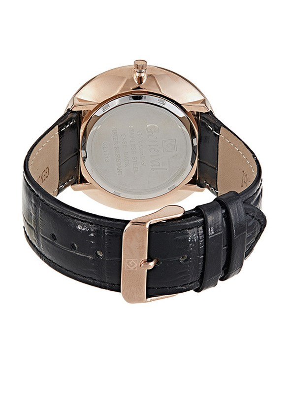 Geneval of Switzerland Analog Watch for Men with Leather Band. Water Resistant. GL1713RBB. Black-Rose Gold/Black