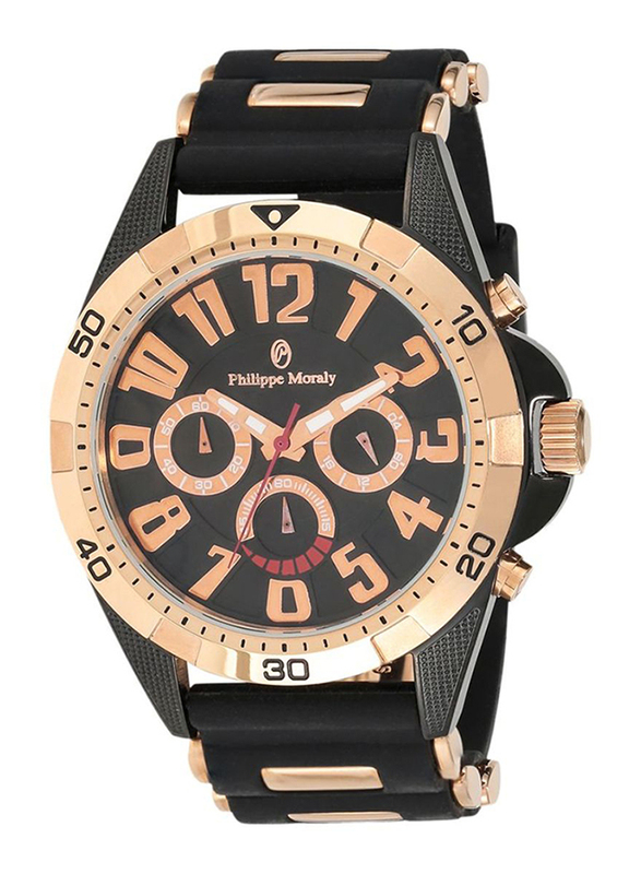 Philippe Moraly of Switzerland Analog Watch for Men with Rubber Band. Water Resistant with Chronograph. RC1455BRBB. Black-Rose Gold