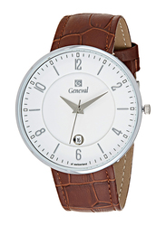 Geneval of Switzerland Analog Watch for Men with Leather Band. Water Resistant. GL1713WWO. Brown-White