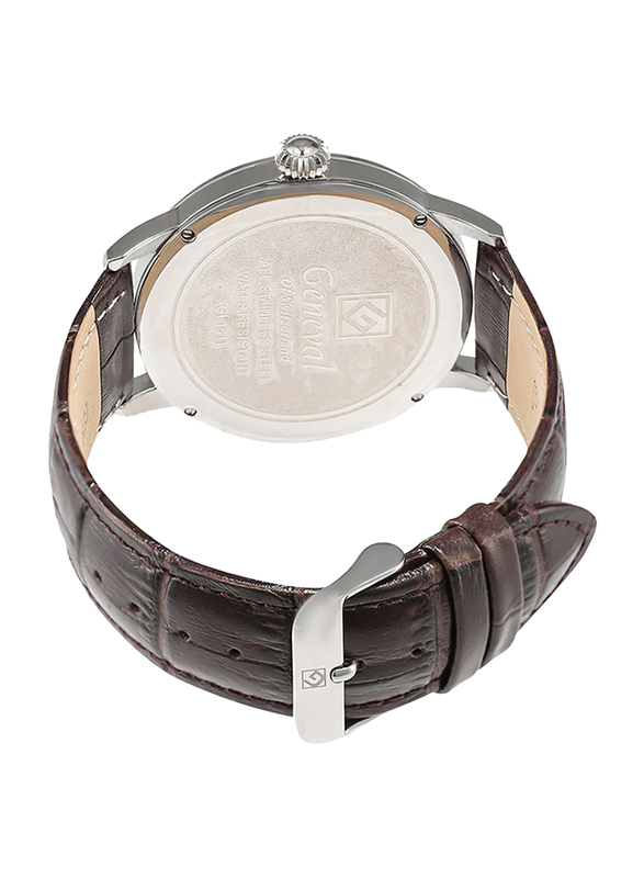 Geneval of Switzerland Analog Watch for Men with Leather Band. Water Resistant and Day Date Display. GL1511WWO. Brown-White/Silver