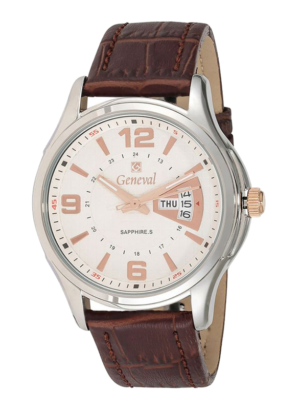 Geneval of Switzerland Analog Watch for Men with Leather Band. Water Resistant. GL143CRWO. Brown-White/Rose Gold