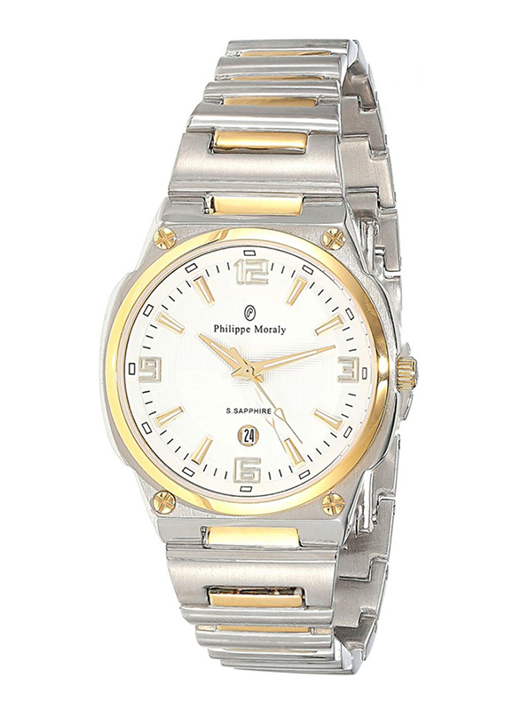 Philippe Moraly of Switzerland Analog Watch for Women with Stainless Steel Band. Water Resistant and Date Display. M1326CW. Silver/Gold-White