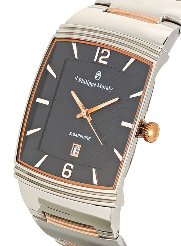 Philippe Moraly of Switzerland Analog Watch for Men with Stainless Steel Band. Water Resistant. M1323CRB. Silver/Rose Gold-Black