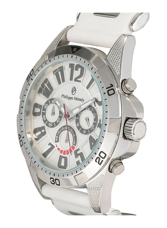 Philippe Moraly of Switzerland Analog Watch for Men with Rubber Band. Water Resistant with Chronograph. RC1455WWW. White
