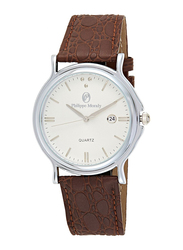 Philippe Moraly of Switzerland Analog Watch for Men with Leather Band. Water Resistant. L1611. Brown-White