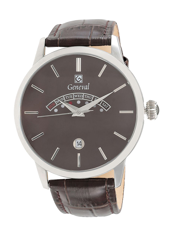 Geneval of Switzerland Analog Watch for Men with Leather Band. Water Resistant and Day Date Display. GL1511WOO. Brown