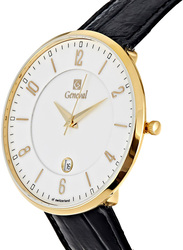 Geneval of Switzerland Analog Watch for Men with Leather Band. Water Resistant. GL1713GWB. Black-White/Gold