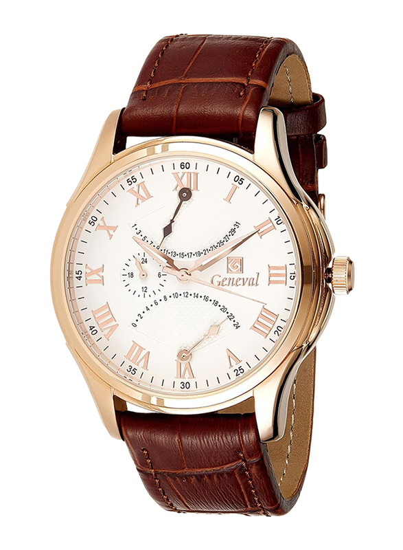 Geneval of Switzerland Analog Watch for Men with Leather Band. Water Resistant and Chronograph. GL1617RWO. Brown-White
