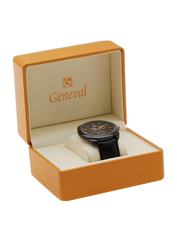 Geneval of Switzerland Analog Watch for Men with Leather Band. Water Resistant and Chronograph. GL1513BRBB. Black
