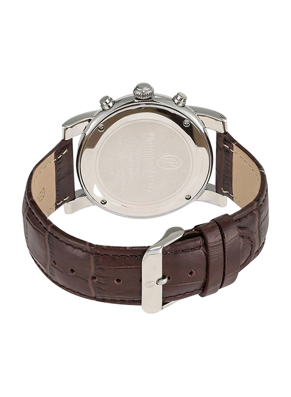 Philippe Moraly of Switzerland Analog Watch for Men with Leather Band. Water Resistant and Chronograph. LC1111WWO. Brown-White