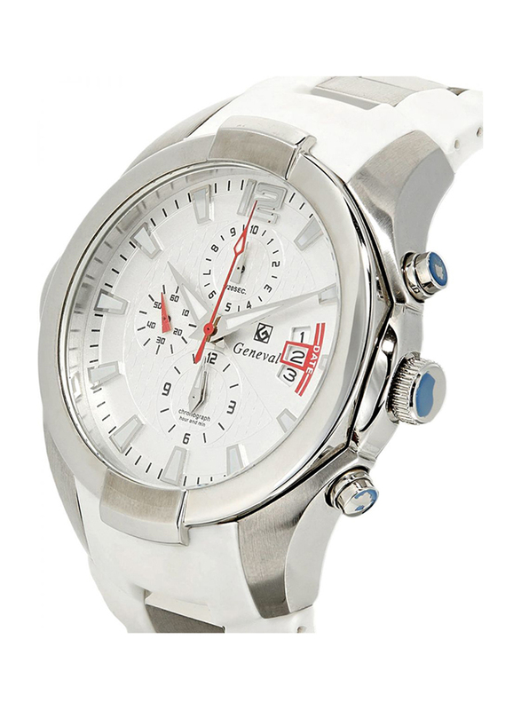 Geneval of Switzerland Analog Watch for Men with Rubber Band. Water Resistant and Chronograph. GRC141WWW. White-Silver