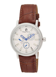 Philippe Moraly of Switzerland Analog Watch for Men with Leather Band. Water Resistant. L1471WWO. Brown-Silver