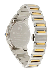 Philippe Moraly of Switzerland Analog Watch for Men with Stainless Steel Band. Water Resistant. M1325CW. Silver/Gold-Beige