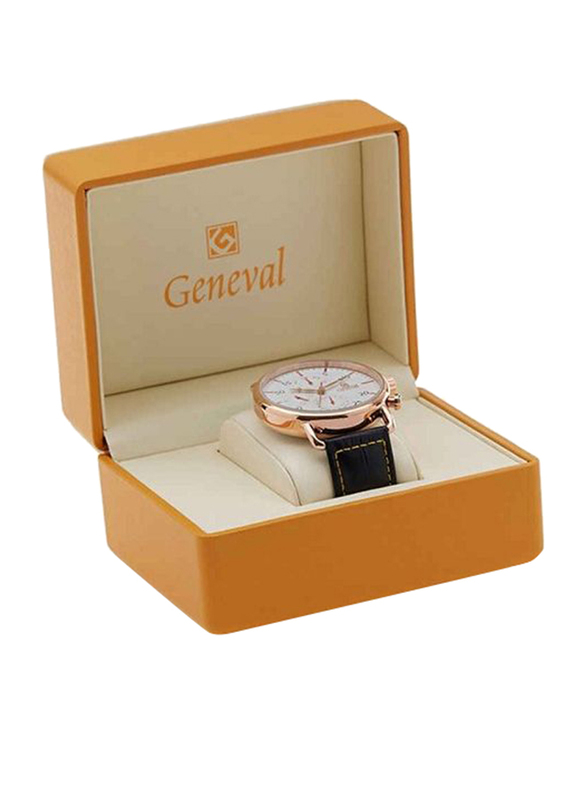 Geneval of Switzerland Analog Watch for Men with Leather Band. Water Resistant and Chronograph. GL1515RWB. Black-White/Gold