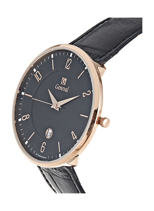 Geneval of Switzerland Analog Watch for Men with Leather Band. Water Resistant. GL1713RBB. Black-Rose Gold/Black