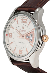 Geneval of Switzerland Analog Watch for Men with Leather Band. Water Resistant. GL143CRWO. Brown-White/Rose Gold