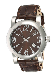 Philippe Moraly of Switzerland Analog Watch for Men with Leather Band. Water Resistant and Date Display. L0723WOO. Brown-Brown/Silver