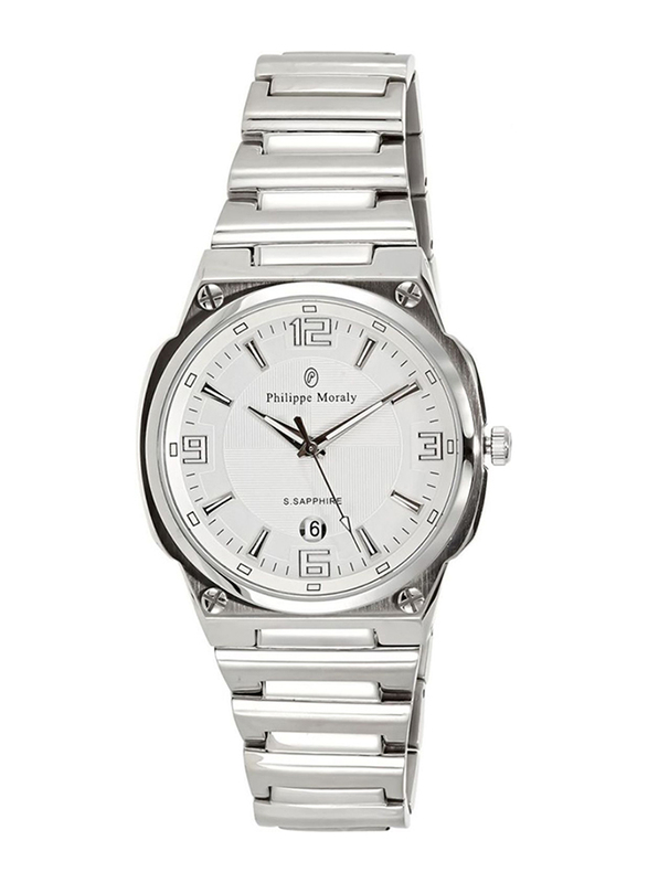 Philippe Moraly of Switzerland Analog Watch for Men with Stainless Steel Band. Water Resistant. M1325WW. Silver-White
