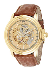 Philippe Moraly of Switzerland Analog Automatic Watch for Men with Leather Band. Water Resistant. LA1777GGO. Brown-Gold