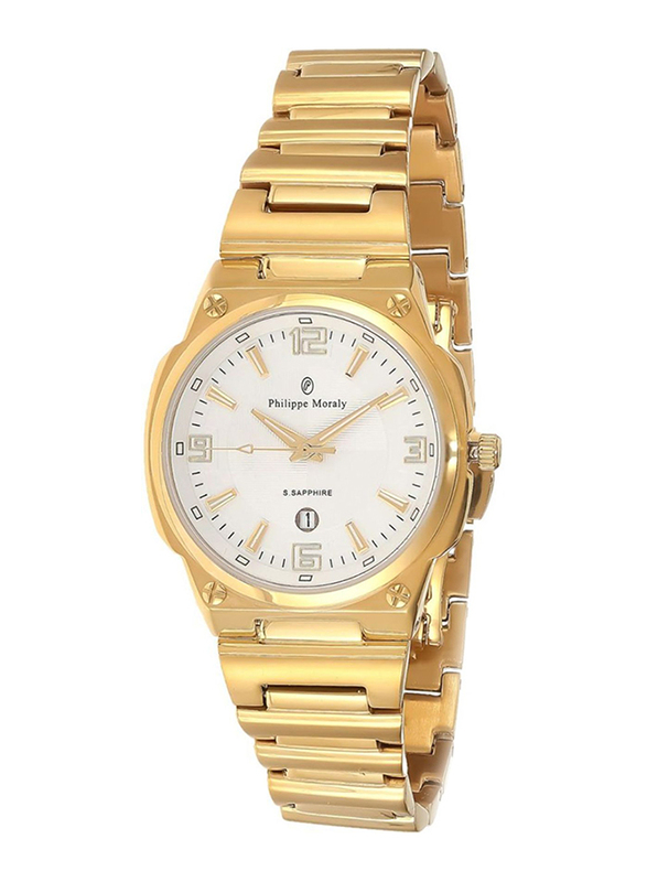 Philippe Moraly of Switzerland Analog Watch for Women with Stainless Steel Band. Water Resistant and Date Display. M1326GW. Gold-White