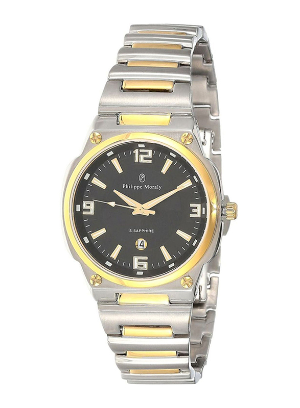 Philippe Moraly of Switzerland Analog Watch for Women with Stainless Steel Band. Water Resistant and Date Display. M1326CB. Gold/ Silver-Black
