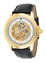 Philippe Moraly of Switzerland Analog Automatic Watch for Men with Leather Band. Water Resistant. LA1777GWB. Black-White