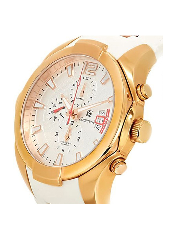Geneval of Switzerland Analog Watch for Men with Rubber Band. Water Resistant and Chronograph. GRC141RWW. White-Gold