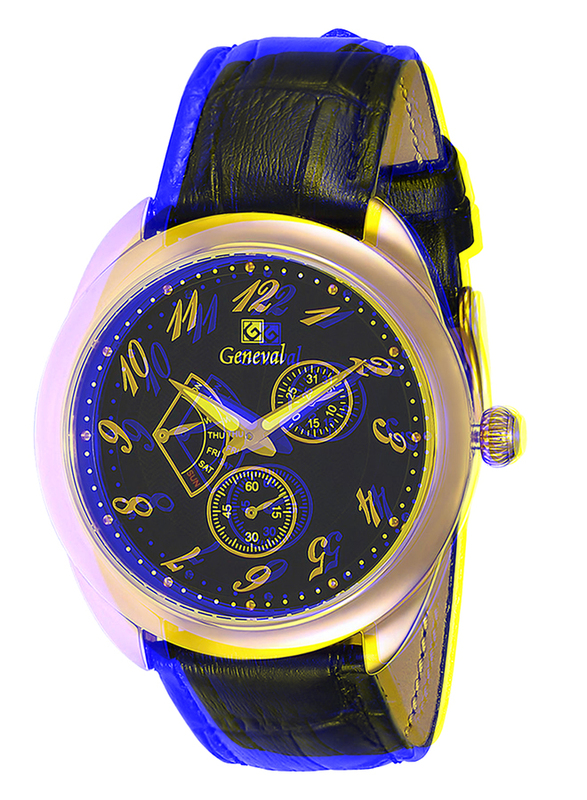 Geneval of Switzerland Analog Watch for Men with Leather Band. Water Resistant and Chronograph. GL1513RBB. Black-Black/Gold