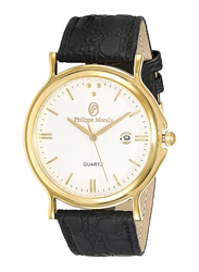Philippe Moraly of Switzerland Analog Watch for Men with Leather Band. Water Resistant. L1611. Black-White/Gold