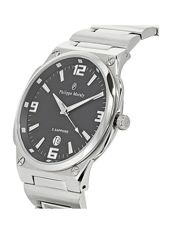 Philippe Moraly of Switzerland Analog Watch for Men with Stainless Steel Band. Water Resistant. M1325WB. Silver-Black