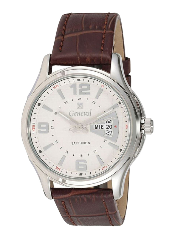 Geneval of Switzerland Analog Watch for Men with Leather Band. Water Resistant. GL143WWO. Brown-White