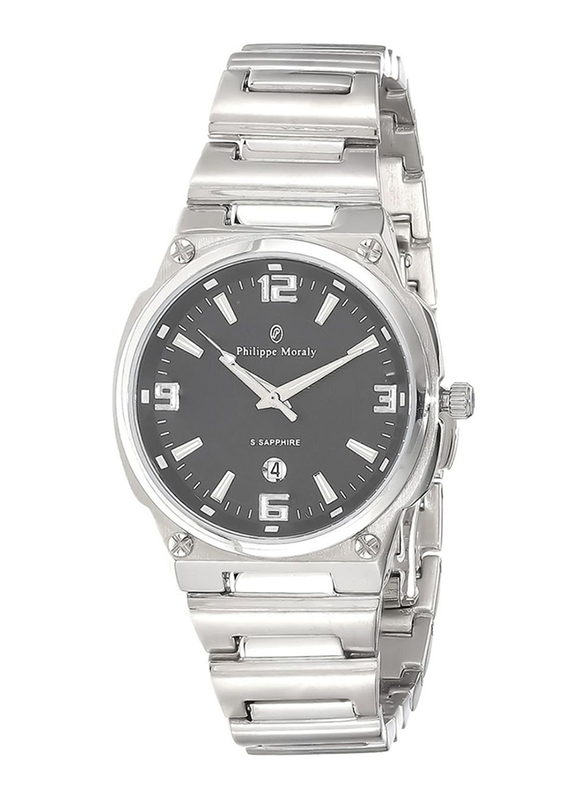 Philippe Moraly of Switzerland Analog Watch for Women with Stainless Steel Band. Water Resistant and Date Display. M1326WB Silver-Black