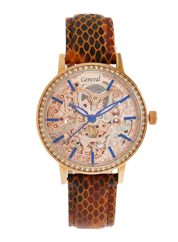 Geneval of Switzerland Analog Automatic Watch for Women with Leather Band. Water Resistant. GLAS1712RRLO. Brown-Rose Gold