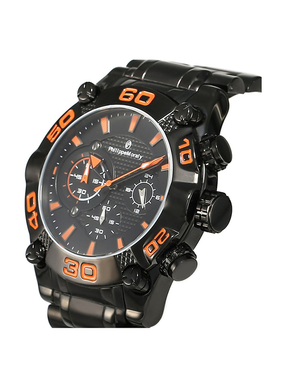 Philippe Moraly of Switzerland Analog Watch for Men with Stainless Steel Band. Water Resistant and Chronograph. MC1333BBA. Black-Orange