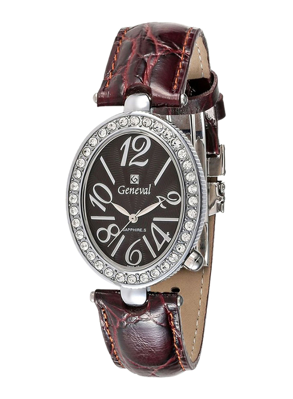 Geneval of Switzerland Analog Watch for Women with Leather Band. Water Resistant. GLS148WOO. Brown-Brown/Silver