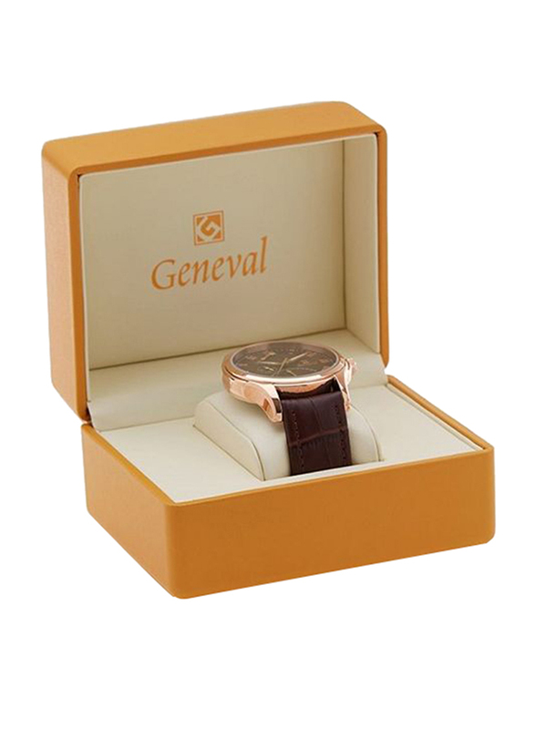 Geneval of Switzerland Analog Watch for Men with Leather Band. Water Resistant and Chronograph. GL1617ROO. Brown-Gold/Brown