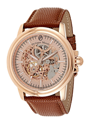 Philippe Moraly of Switzerland Analog Automatic Watch for Men with Leather Band. Water Resistant. LA1777ROO. Brown